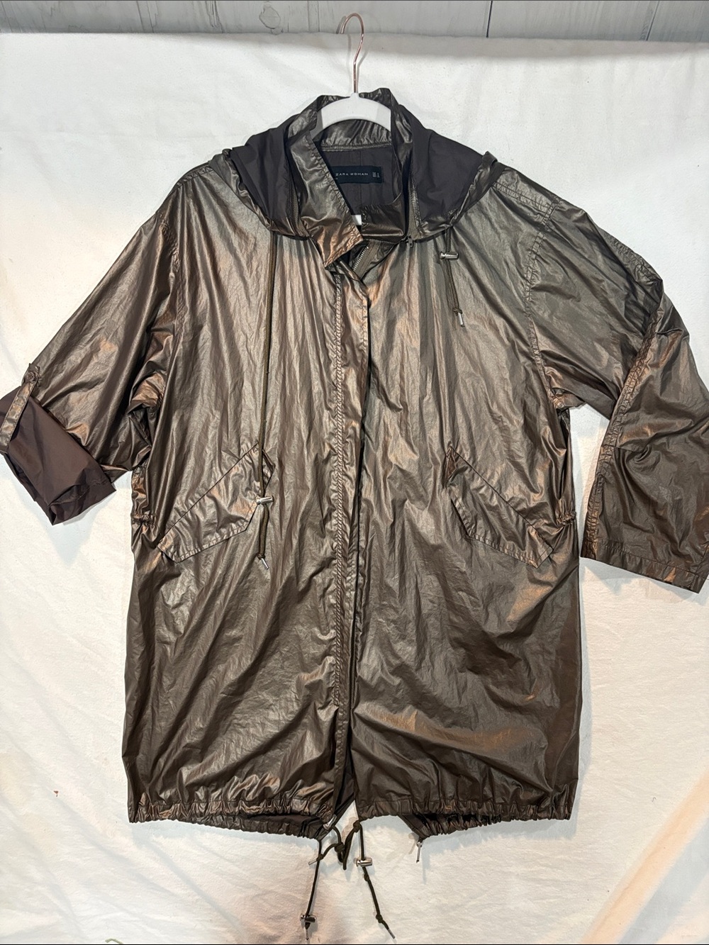 Zara Woman Bronze Metallic High Shine Hooded Parka Jacket Cinch Waist - Size M